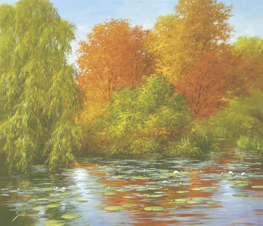 Heinz Schölnhammer, INDIAN SUMMER (Landschaften, Natur, Herbst, Jahreszeit, Bäume, See, Naturalismus, Wohnzimmer, Treppenhaus, Malerei, bunt)