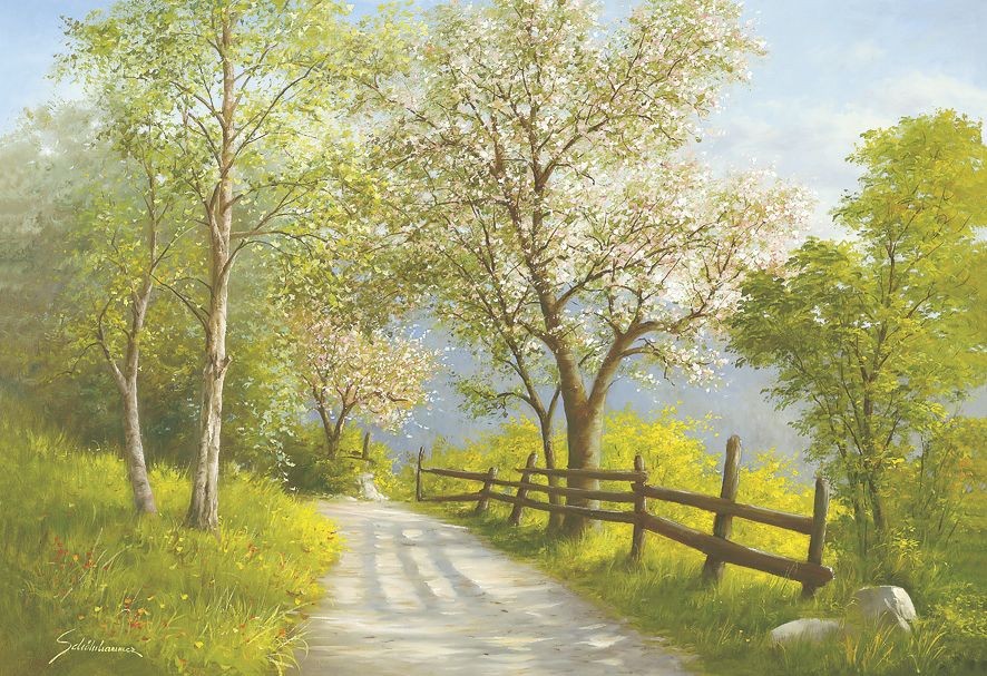 Heinz Schölnhammer, SPRING REVERIE (Landschaft, Feldweg, Frühling, Jahreszeit, Bäume, Blüten,  Stille, Einsamkeit, Realismus,  Wohnzimmer, Treppenhaus, Malerei, bunt)