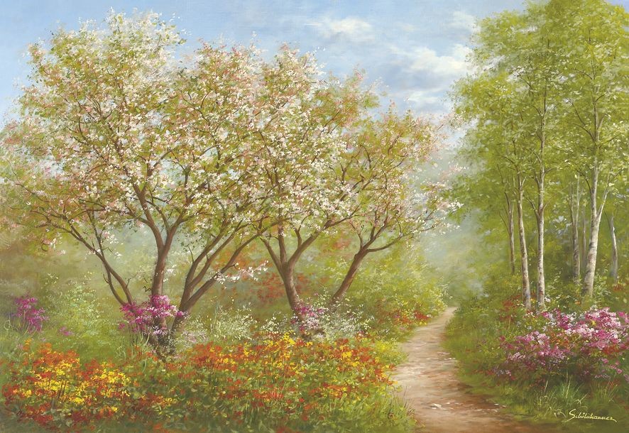 Heinz Schölnhammer, SUNLIGHT PATH (Landschaft, Feldweg, Frühling, Jahreszeit, Bäume, Blüten,  Stille, Einsamkeit, Realismus,  Wohnzimmer, Treppenhaus, Malerei, bunt)