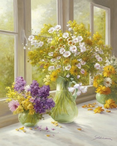 Heinz Schölnhammer, SUNNY AFTERNOON (Blumen, Natur, Floral, Blüten, Stillleben, Sommerblumen, Sonnenlicht, Naturalismus, Wohnzimmer, Treppenhaus, Esszimmer, Malerei, bunt)