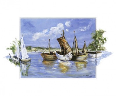 Katharina Schöttler, Peaceful Scene (Meeresbrise, Boote, Fischerboote, friedlich, maritim, Meer, Wohnzimmer, Badezimmer, Arztpraxis, bunt)