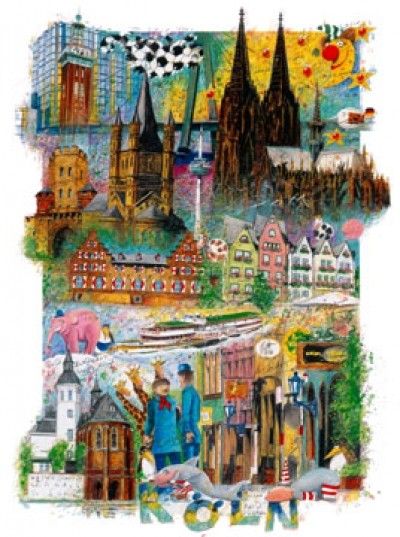Klaus D. Schiemann, Köln (Städte, Plakatkunst,Köln, Wimmelbild, Sehenswürdigkeiten,  Modern, Wohnzimmer, Treppenhaus, Grafik, bunt)