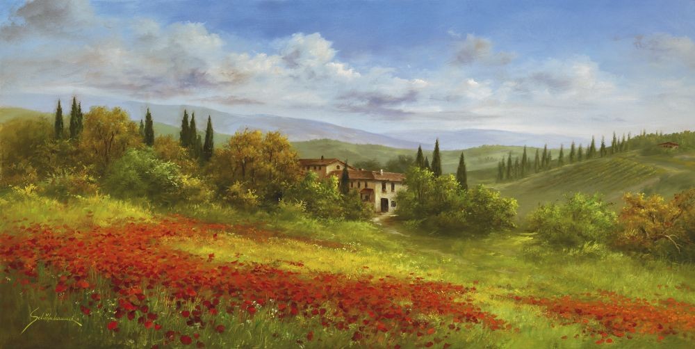 Heinz Schölnhammer, Tuscan Beauty I (Landschaft, Italien, Toskana, Bäume, Wiese, Haus, Mohnblumen, Mohnfeld, Naturalismus, Wohnzimmer, Treppenhaus, Malerei, bunt)