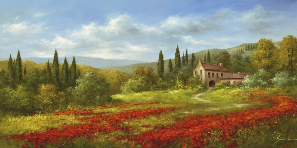 Heinz Schölnhammer, Tuscan Beauty Ii (Landschaft, Italien, Toskana, Bäume, Wiese, Haus, Mohnblumen, Mohnfeld, Naturalismus, Wohnzimmer, Treppenhaus, Malerei, bunt)