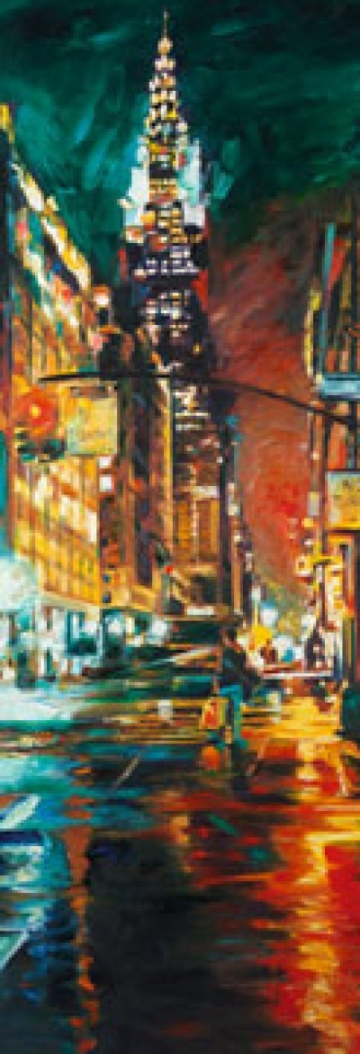Jürgen Schmiedekampf, ...and the red-light was in my (New York, Stadt, Metropole, Chrysler Building, Nachtszene, Beleuchtung, Lichteffekte, Spiegelungen, Malerei, Wohnzimmer, Treppenhaus, bunt)
