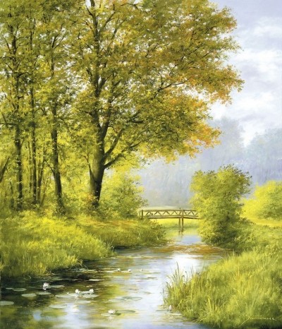 Heinz Schölnhammer, DREAMY CREEK II (Landschaft, Bäume, See, Wasser, Bäume, Frische, Naturalismus, Wohnzimmer, Treppenhaus, Malerei, bunt)