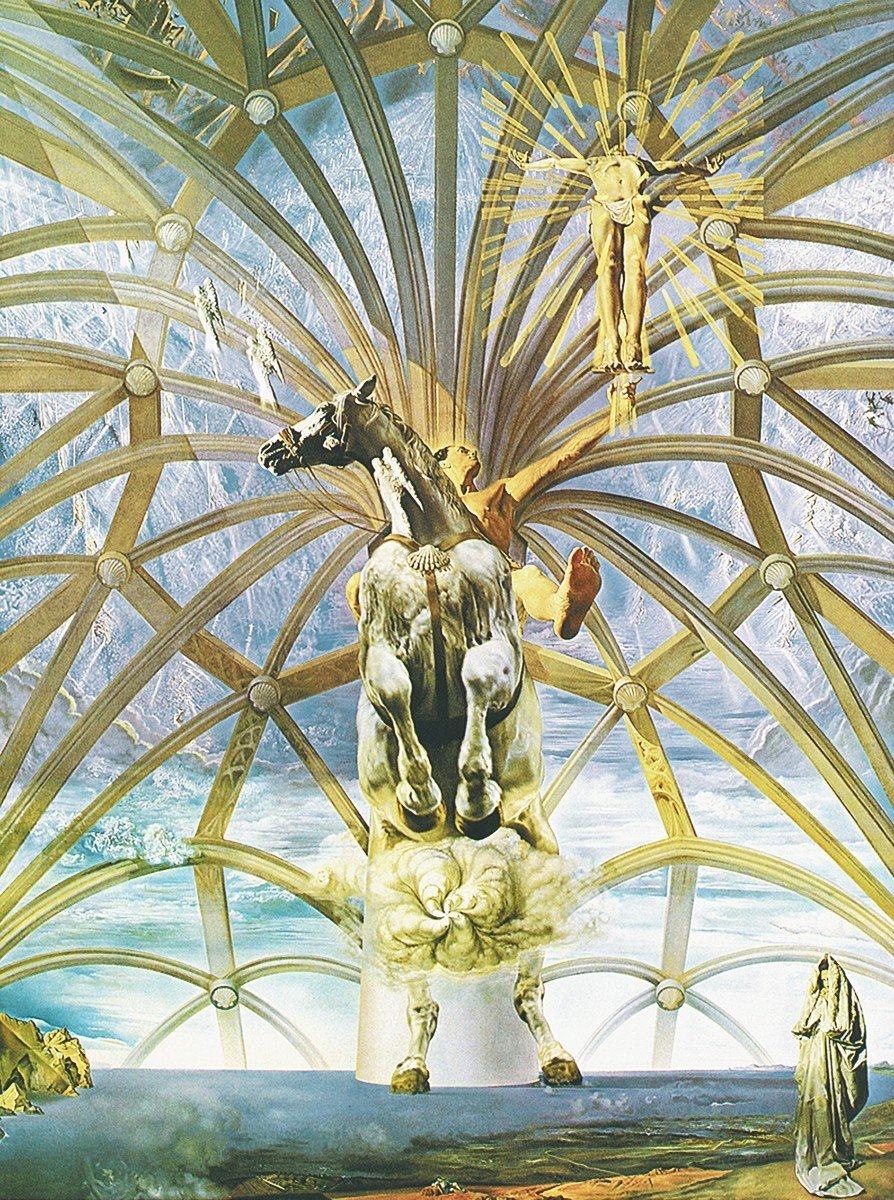 Salvador Dali, Santiago el grande (Malerei, Surrealismus, Pferd, Reiter, Triumph, Gewölbe, Klassische Moderne, Fantasie, Wohnzimmer, Treppenhaus,  bunt)