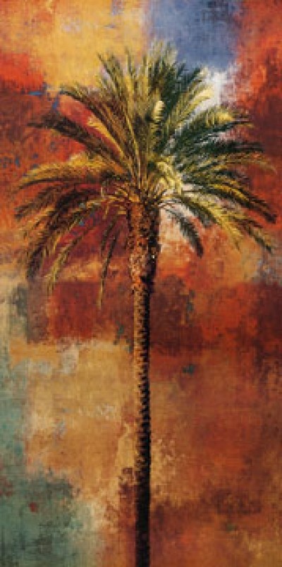 John Seba, Mustique I (Palme, Baum, Farbfelder, Stilmix, abstrakt, modern, zeitgenössisch, Wohnzimmer, bunt)