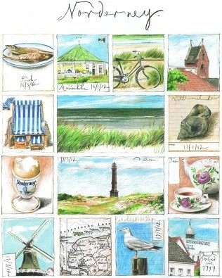 Sabine Gerke, Norderney (Insel, Noedsee, Meeresbrise, Modern, Illustration, Plakatkunst, Gebäude, Leuchtturm, Wahrzeichen, Spezialitäten, Treppenhaus, Wohnzimmer, Esszimmer, Küche, Grafik, bunt)