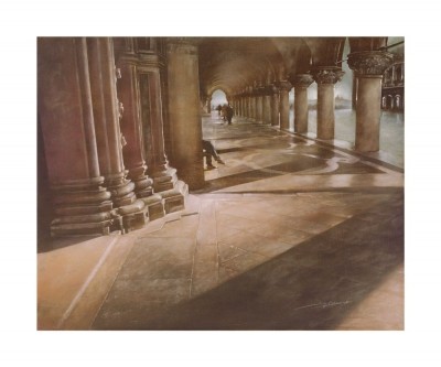 Antonio Sgarbossa, ATTENDO A S.MARCO (Venedig, Städte, Galerie, Bogengang, San Marco, Platz, Licht/Schatten,  Architektur, historisch, Italien, Malerei, Wohnzimmer, bunt)