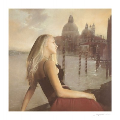 Antonio Sgarbossa, GIADA IN UN TRAMONTO VENEZIANO (Venedig, Städte, Kirche, Kanal, Wasserstraße, Architektur, Sommer, Sonnenuntergang, Frau, Model, sich sonnen, Italien, Noatalgie, Malerei, Wohnzimmer,  bunt)