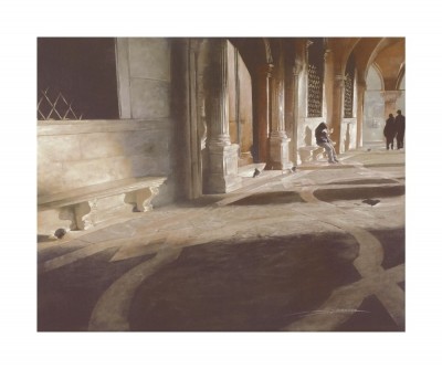 Antonio Sgarbossa, LEGGENDO TRANQUILLAMENTE (Venedig, Städte, Galerie, Bogengang, San Marco, Platz, Licht/Schatten,  Architektur, historisch, Italien, Malerei, Wohnzimmer, bunt)