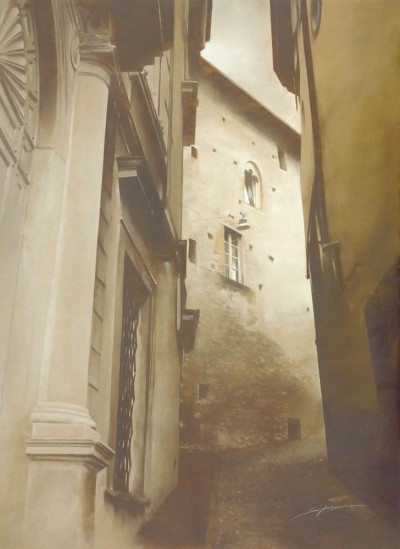 Antonio Sgarbossa, SCORCIO BERGAMO (Bergamo, Italien, Straße, Teilstück, Städte,  historisch, Malerei, Wohnzimmer, Treppenhaus, Malerei, bunt)