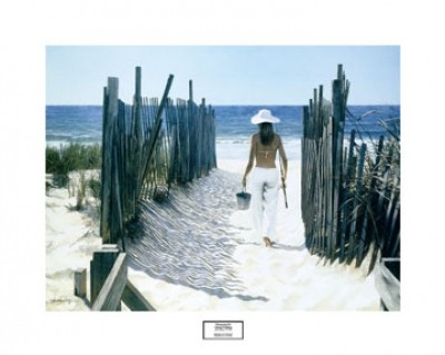 Zhongping Shi, Going Fishing (Strand, Meer, Sand, Sommer, Frau, Hut, Angel, Fischen, Meeresbrise, People & Eros, Malerei, naturgetreu, Treppenhaus, Badezimmer, Wohnzimmer, bunt)