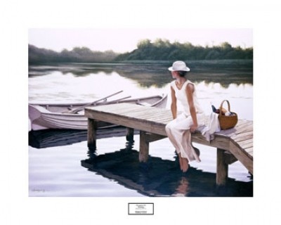 Zhongping Shi, Waiting (See, Bootssteg, Sommer, Frau, Hut, Warten, People & Eros, Malerei, naturgetreu, Treppenhaus, Badezimmer, Wohnzimmer, bunt)