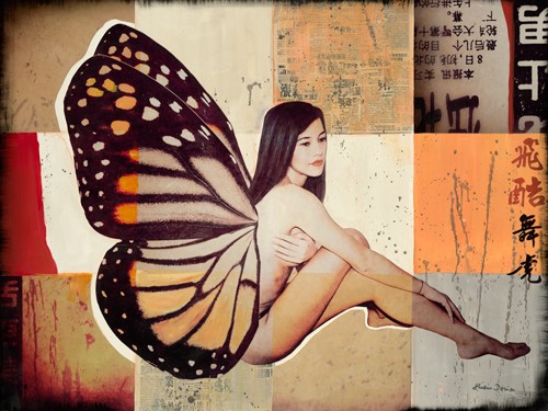 Shirin Donia, Butterfly II (Wunschgröße, Kult, Pop, Vintage, Pop Art, Modern, People &Eros, Figurativ, Schmetterlingsflügel, asiatisch, Jugendzimmer)