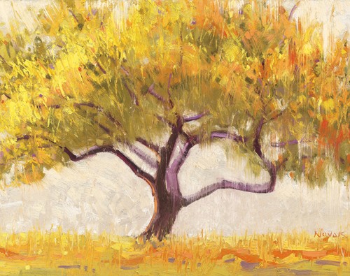 Shirley Novak, Apricot Tree (Wunschgröße, Malerei, Baum, Aprikosenbaum, Natur,  Wohnzimmer, Flur, Herbst, grün / gelb)