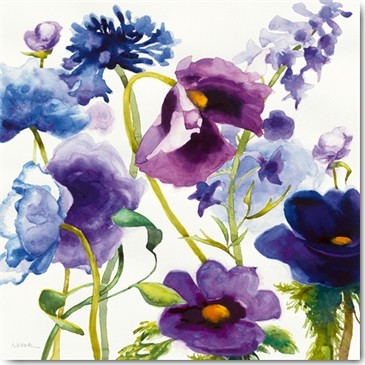 Shirley Novak, Blue and Purple Mixed Garden I (Wunschgröße, Malerei, Blumen, Mohn, blau / violetter Mohn, Blüten, Mohnblüten, Sommer, Schlafzimmer, Esszimmer, Treppenhaus, blau / violett)