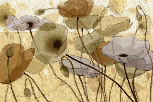 Shirley Novak, Fluidity IV (Wunschgröße, Malerei, Blumen, Mohnblumen, Mohn, Blüten, filigran, transparent, Esszimmer, Wohnzimmer, Treppenhaus, Schlafzimmer, beige / blau)