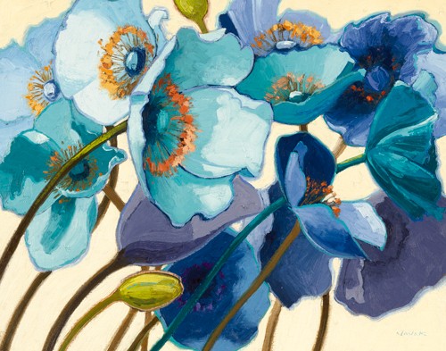 Shirley Novak, Le Pavots Bleu (Wunschgröße, Malerei, Blumen, Mohn, blauer Mohn, Blüten, Mohnblüten, Sommer, Schlafzimmer, Esszimmer, Treppenhaus, bunt)