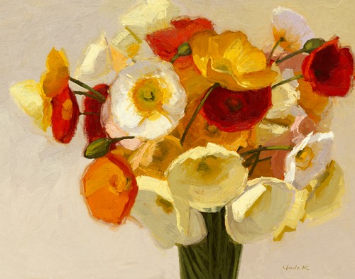 Shirley Novak, November Poppies (Wunschgröße, Malerei, Stillleben, Blumenvase,  Blumen, Mohn, Mohnblüten, Blüten, Wohnzimmer, Esszimmer, Treppenhaus, bunt)