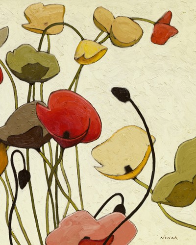 Shirley Novak, Pavots Ondule II (Wunschgröße, Malerei, Blumen, Mohnblumen, Mohn, Blüten, filigran,  Wohnzimmer, Treppenhaus, bunt)