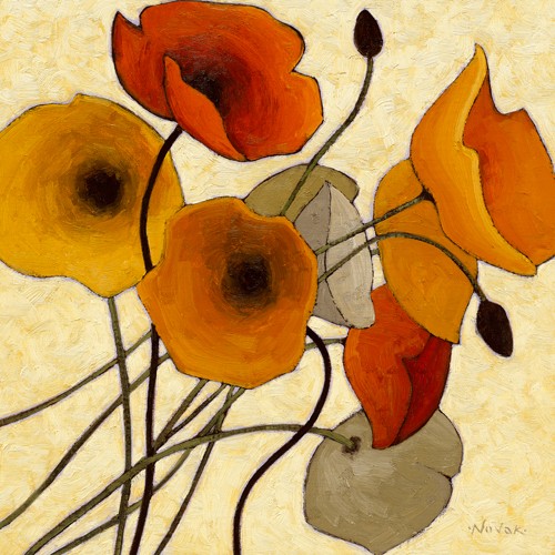 Shirley Novak, Pumpkin Poppies II (Wunschgröße, Malerei, Blumen, Mohnblumen, Mohn, Blüten, filigran,  Wohnzimmer, Treppenhaus, orange / bunt)