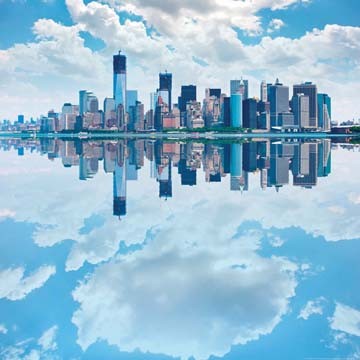 Shutterstock, Lower Manhatten Skyline (Städte, Metropole, Skyline, Achitektur, Gebäude, Panorama, USA, NY, Spiegelungen, Hudson, Fotokunst, Wohnzimmer, Büro)