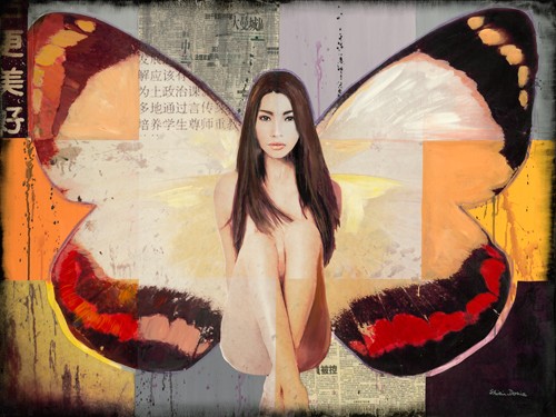 Shirin Donia, Butterfly I (Wunschgröße, Kult, Pop, Vintage, Pop Art, Modern, People &Eros, Figurativ, Schmetterlingsflügel, asiatisch, Jugendzimmer)