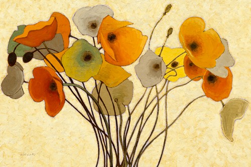 Shirley Novak, Pumpkin Poppies I (Wunschgröße, Malerei, Blumen, Mohnblumen, Mohn, Blüten, filigran,  Wohnzimmer, Treppenhaus, orange / bunt)