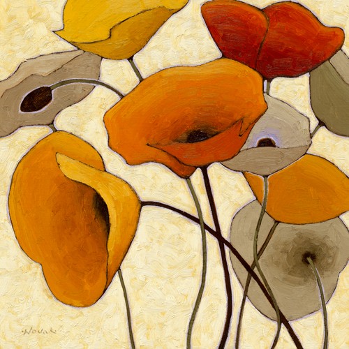 Shirley Novak, Pumpkin Poppies III (Wunschgröße, Malerei, Blumen, Mohnblumen, Mohn, Blüten, filigran,  Wohnzimmer, Treppenhaus, orange / bunt)