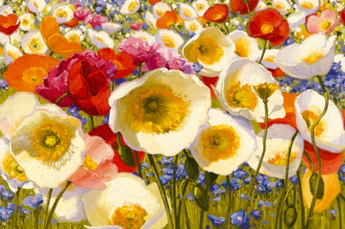 Shirley Novak, Sunny Abundance (Wunschgröße, Malerei, Blumen, Mohn, Blüten, Mohnblüten, Mohnwiese, Blumenwiese, fröhlich, Sommer, Küche, Esszimmer, Treppenhaus, bunt)