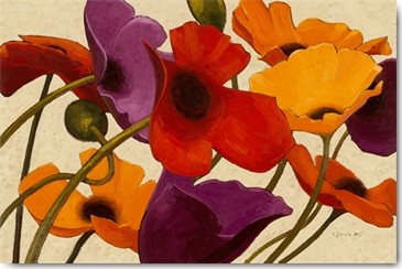 Shirley Novak, Up Three (Wunschgröße, Malerei, Blumen, Mohnblumen, Mohn, Blüten, Esszimmer, Wohnzimmer, Treppenhaus, bunt)