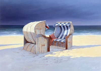 Sigurd Schneider, Beach Chairs I (Meeresbrise, Strandkörbe, Strand, Meer, Horizont, Urlaub, maritim, Badezimmer, Treppenhaus, Wunschgröße, Malerei, bunt)