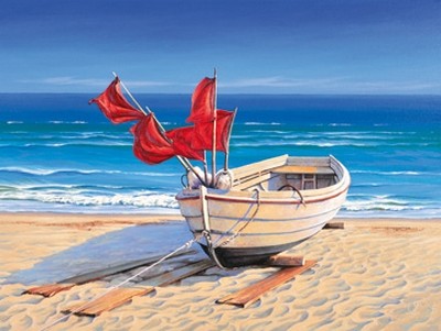 Sigurd Schneider, Small fishing boat (Meeresbrise, Fischerboot, Strand, Sand, Meer,  Horizont, Urlaub, maritim, Badezimmer, Treppenhaus, Wohnzimmer,  Malerei, bunt)