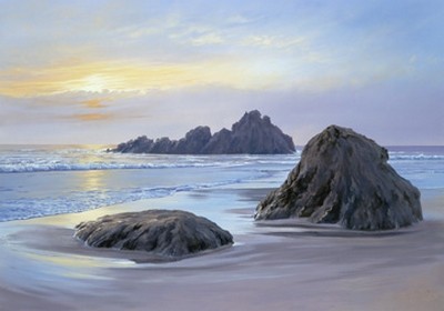 Sigurd Schneider, Sunset at Big Sur (Meeresbrise, Strand, Sand, Meer, Felsen, Kalifornien, Horizont, Sonnenuntergang, Urlaub, maritim, Badezimmer, Treppenhaus, Wohnzimmer, Wunschgröße, Malerei, bunt)