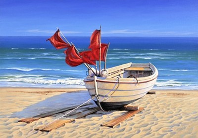 Sigurd Schneider, Small fishing boat (Meeresbrise, Fischerboot, Strand, Sand, Meer,  Horizont, Urlaub, maritim, Badezimmer, Treppenhaus, Wohnzimmer, Wunschgröße, Malerei, bunt)