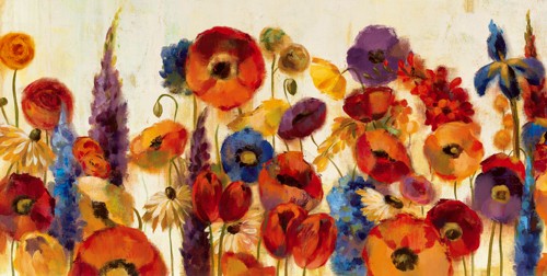 Silvia Vassileva, Joyful Garden (Blumenfeld, Blüten, Blumen, Mohn, bunt, rot, Flur, Wohnzimmer)
