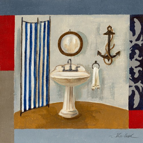 Silvia Vassileva, Nautical Bath I (Badezimmer, Waschbecken, Anker, blau, rot)