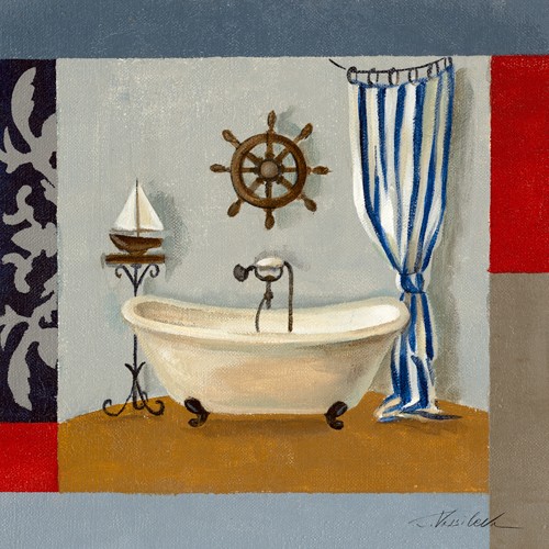 Silvia Vassileva, Nautical Bath II (Badezimmer, Steuerrad, Badewanne, bunt, blau, rot)
