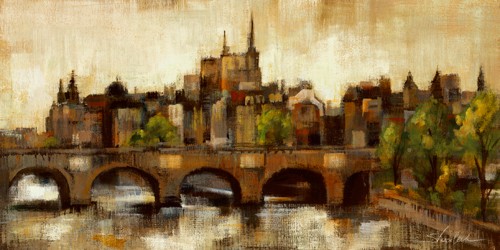 Silvia Vassileva, Paris Bridge II Spice (Städte, Skyline, modern, bunt, beige, Brücke, Frankreich, Wohnzimmer, Büro, braun)