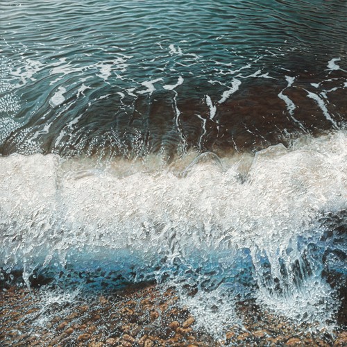 Simon Royer, Foot Wave (Meer, Meeresbrise, Gischt, Wasser, Welle, Schaum, Strand, Wunschgröße, Malerei, Fotorealismus, Badezimmer, Treppenhaus, bunt)