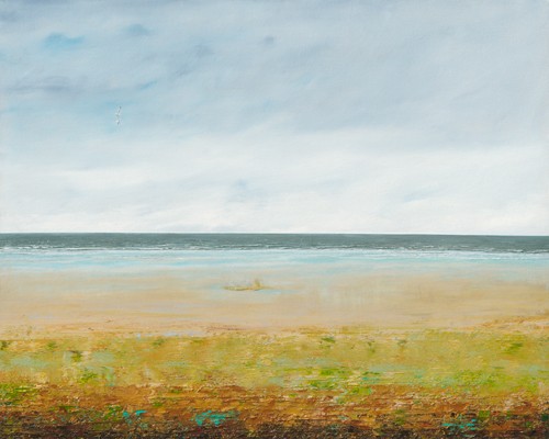 Simon Royer, Lone Seagull (Meer, Meeresbrise,Wasser, Welle, Horizont, Strand, Wunschgröße, Malerei, Fotorealismus, Badezimmer, Treppenhaus, Wohnzimmer, bunt)