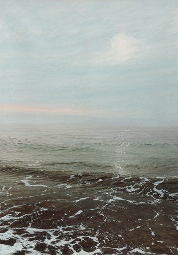 Simon Royer, Morning Wave (Meer, Meeresbrise, Gischt, Wasser, Welle, Sonnenaufgang, Horizont, diffus, Endlosigkeit, Wunschgröße, Malerei, Fotorealismus, Badezimmer, Treppenhaus, bunt)