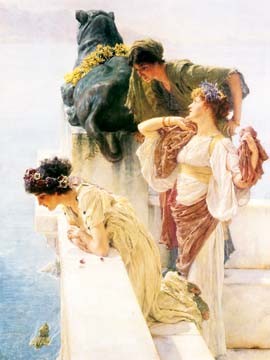 Lawrence Alma-Tadema, A Coign of Vantage (Frauen, Münze werfen, Glück, Löwenskulptur, romantisierend, süßlich, Akademischer Realismus, Idylle, Malerei, Wunschgröße, Klassiker, Wohnzimmer, bunt)