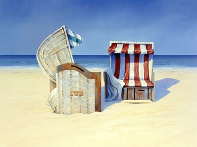 Sigurd Schneider, Beach Chairs II (Meeresbrise, Strandkörbe, Strand, Meer, Horizont, Urlaub, maritim, Badezimmer, Treppenhaus, Wunschgröße, Malerei, bunt)