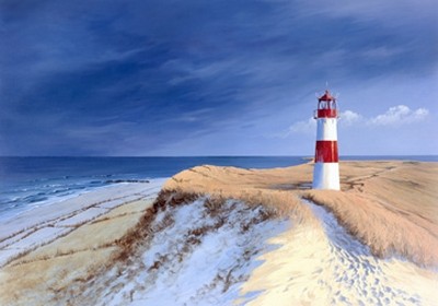 Sigurd Schneider, Leuchtturm bei List/Sylt (Meeresbrise, Leuchtturm, Strand, Meer, Küste, Horizont, Urlaub, maritim, Badezimmer, Treppenhaus, Wunschgröße, Malerei, bunt)