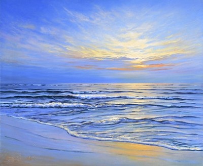 Sigurd Schneider, Sunset at Ostsee coast II (Meeresbrise, Strand, Sand, Meer, Sonnenuntergang, Horizont, Sonnenuntergang, Urlaub, maritim, Badezimmer, Treppenhaus, Wohnzimmer, Wunschgröße, Malerei, bunt)