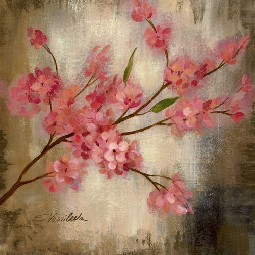 Silvia Vassileva, Cherry Blossom I (Blüten, Zweig, Blütenzweig, rosa Kirschblüte, abstrakter Hintergrund, Wunschgröße, modern, Treppenhaus, Wohnzimmer, bunt)