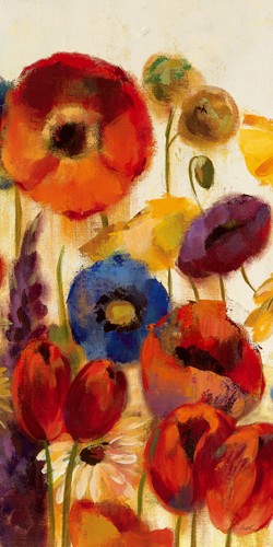 Silvia Vassileva, Joyful Garden Panel II (Blumenfeld, Blüten, Blumen, Mohn, bunt, rot, Flur, Wohnzimmer)